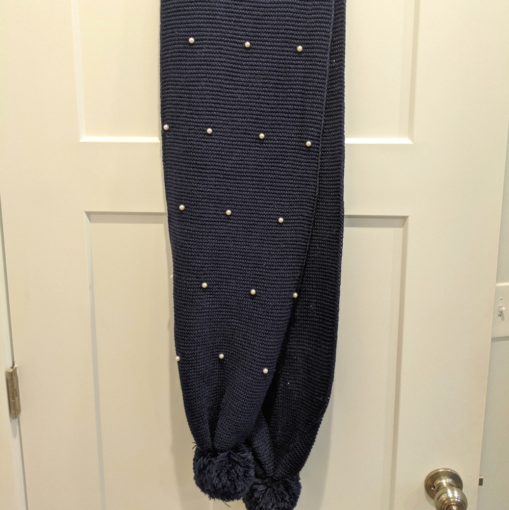 Navy Scarf with Pearl Beads and Pom Pom Detail